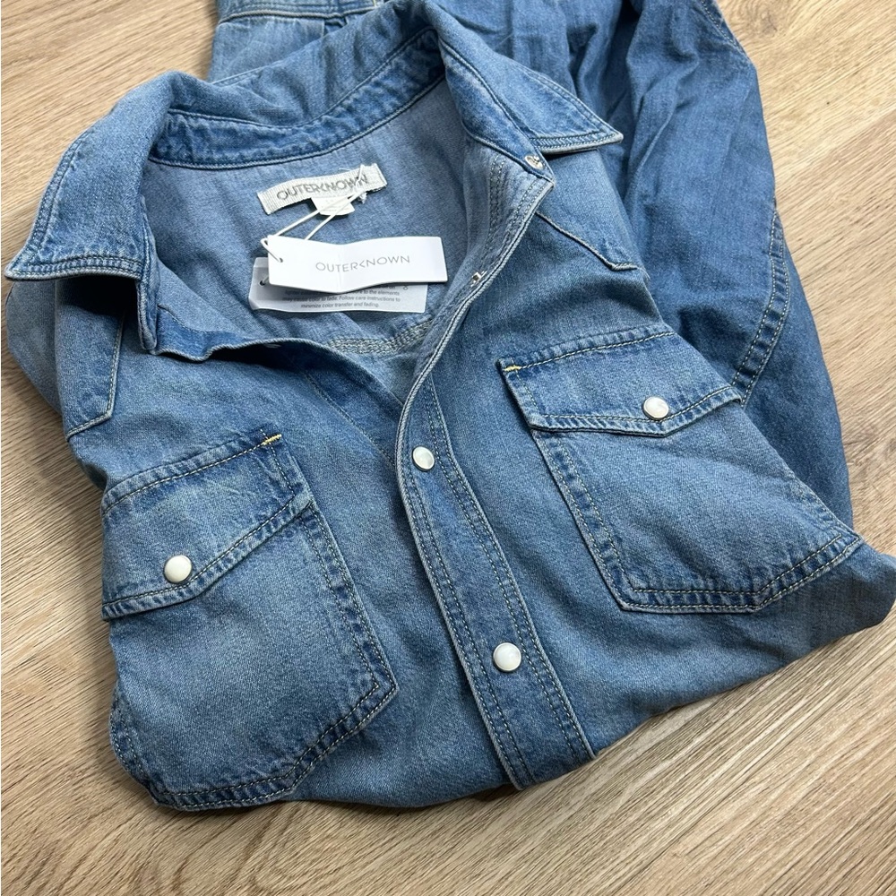 NWT Outerknown 100% Organic Cotton Denim Pearl Snap Button Down Long Shirt - Picture 6 of 16